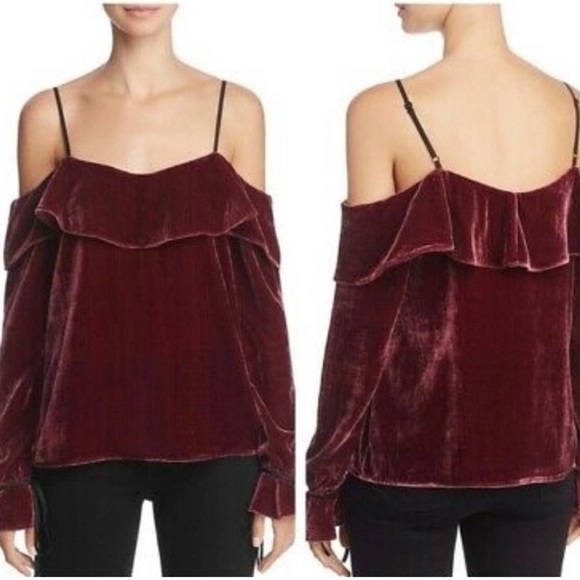 WAYF Wine Red Off The Shoulder Velvet Jepson Ruffle Blouse Size Small - Picture 1 of 12
